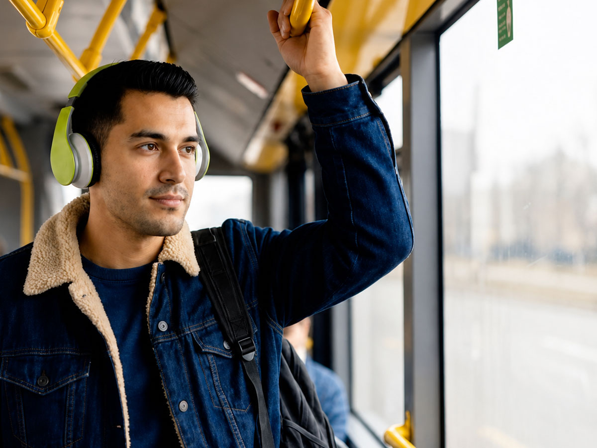 Persona con audífonos en transporte público, proyecto OCR de MaxiSend
